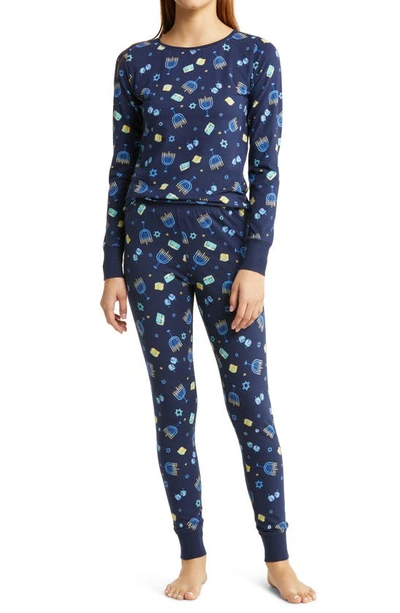 Nordstrom Matching Family Moments Print Tight Fit Pajamas In Navy Peacoat Dancing Menorahs