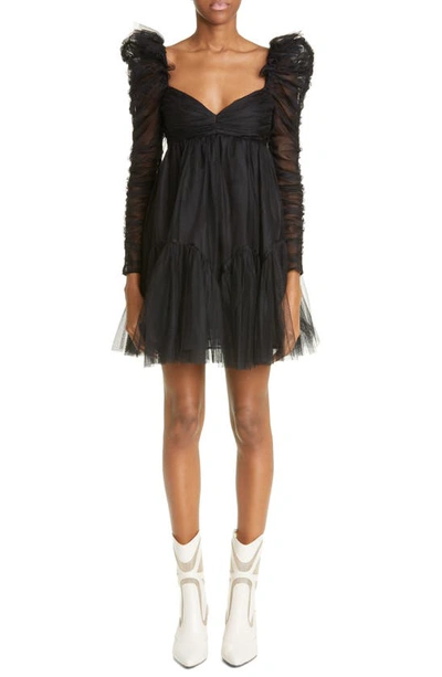 Zimmermann Long Sleeve Ruched Tulle Babydoll Minidress In Black