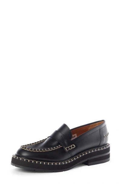 Chloé Black Noua Topstitched Leather Loafers In Noir