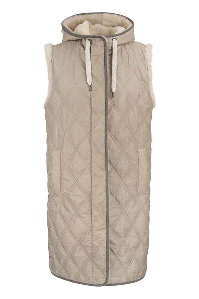Brunello Cucinelli Long Reversible Waistcoat With Sheepskin Fur In Dove Grey