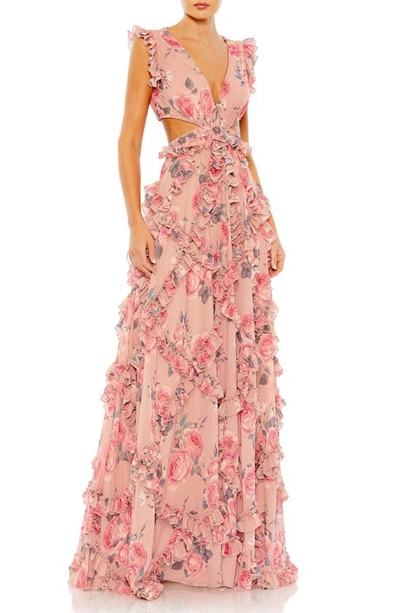 Mac Duggal Floral Ruffle Cutout Detail Chiffon A-line Gown In Rose Multi