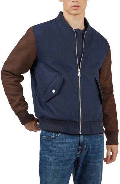 Ben Sherman Colorblock Wool Blend Bomber Jacket In Midnight