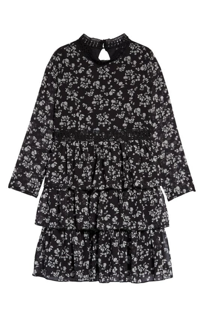 Ava & Yelly Kids' Floral Long Sleeve Chiffon Peplum Dress In Black