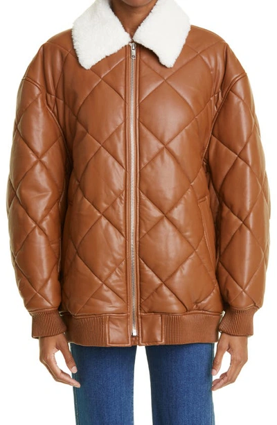 Stand Studio Autumn Quilted Faux Leather Jacket With Faux Fur Trim In Brown