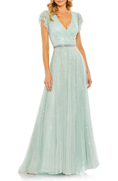Mac Duggal Beaded Cap Sleeve A-line Gown In Seamist