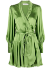 Zimmermann Plunge-neck Wrap-over Silk Mini Dress In Verde