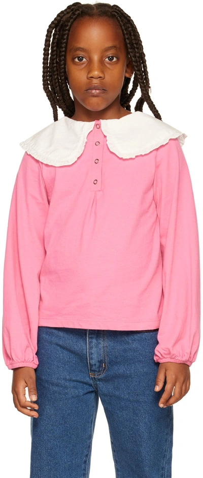 Repose Ams Kids Pink Fancy Collar Long Sleeve T-shirt In Hot Pink