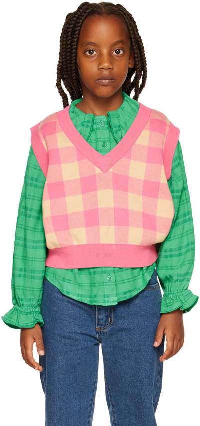 Repose Ams Kids Pink Spencer Sweater In Pop Pink Check