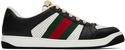 Gucci Screener Webbing-trimmed Perforated Leather Sneakers In Black