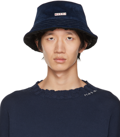 Marni Logo-patch Cotton-corduroy Bucket Hat In Blue
