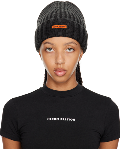 Heron Preston Grey Logo Beanie In Black