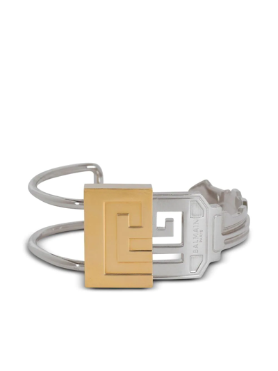Balmain Contrasting Open-cuff Bracelet In Or Clair Argent