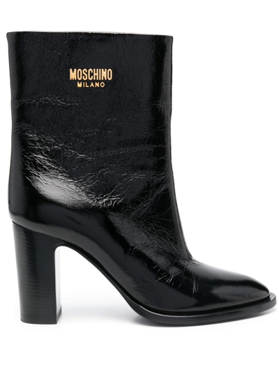 Moschino Logo-plaque Leather Ankle Boots In Black