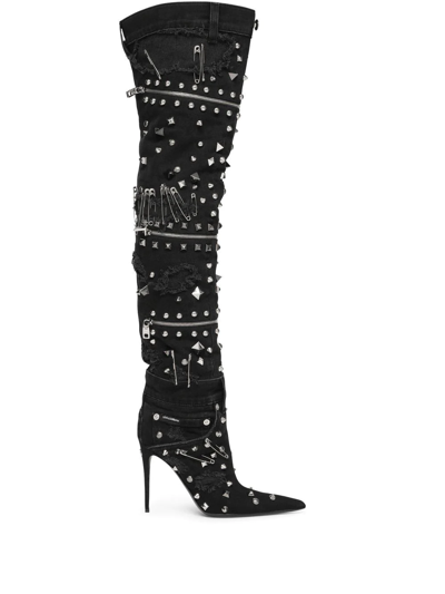 Dolce & Gabbana Patchwork-denim 105mm Boots In Black