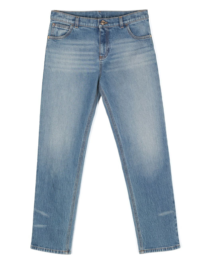 Versace Kids' Stonewashed Straight-leg Jeans In 蓝色