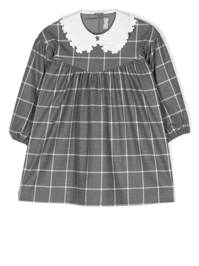 Il Gufo Kids' Oversized Collar Windowpane-print Dress In Grey