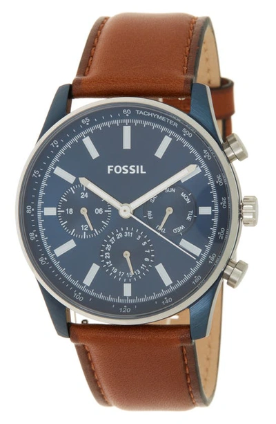 Fossil Sullivan Multifunction Leather Strap Watch, 44mm In Blue