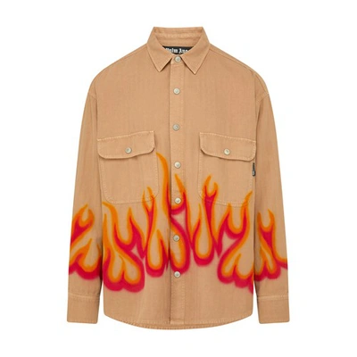 Palm Angels Burning Logo Herringbone Cotton Shirt In Neutrals