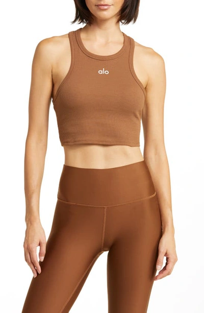 Alo Yoga Aspire Crop Tank In Cinnamon Brown/ White