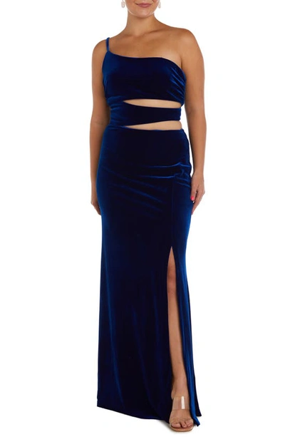 Morgan & Co. Cutout One-shoulder Stretch Velvet Gown In Royal