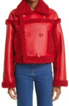 Stand Studio Kristy Double Breasted Faux Leather Crop Jacket With Faux Shearling Trim In Oxblood Red