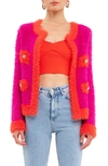 Endless Rose Fuzzy Colorblock Cardigan Sweater In Fuchsia Combo