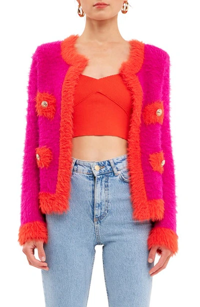 Endless Rose Fuzzy Colorblock Cardigan Sweater In Pink