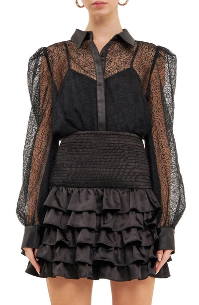 Endless Rose Embroidered Floral Button Up Shirt In Black