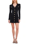 Endless Rose Padded Shoulder Long Sleeve Button-up Sweater Minidress In Black