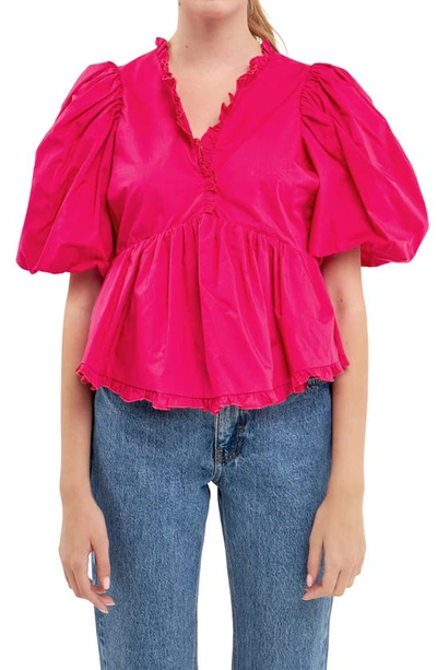 Endless Rose Ruffle Trim Puff Sleeve Peplum Cotton Top In Fuchsia