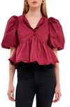 Endless Rose Ruffle Trim Puff Sleeve Peplum Cotton Top In Burgundy
