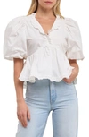 Endless Rose Ruffle Trim Puff Sleeve Peplum Cotton Top In White