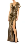 Mac Duggal Metallic Draped Asymmetric Sheath Gown In Antique Gold