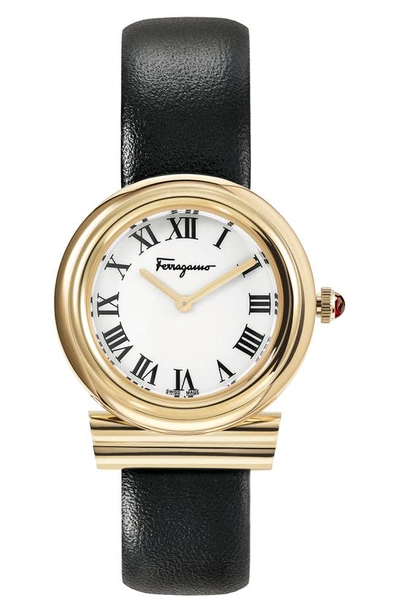 Ferragamo Gancini Watch With Leather Strap, Gold/black In Gold