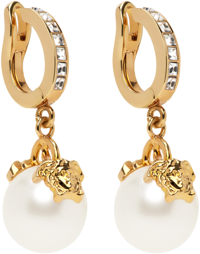 Versace Gold Pearl Medusa Earrings In White
