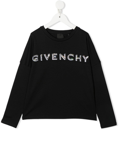 Givenchy Kids Black Long Sleeve T-shirt With Rhinestone Logo In Nero