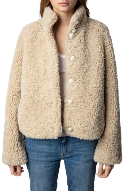 Zadig & Voltaire Fino Soft Curly Faux Fur Teddy Jacket In Mastic