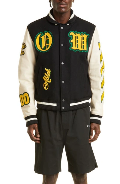 OFF-WHITE STRETCH WOOL BLEND & LEATHER VARSITY JACKET