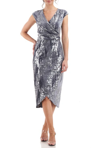 Js Collections June Sequin Velvet Faux Wrap Cocktail Dress In Smoke
