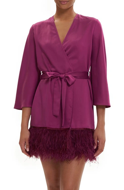 Rya Collection Swan Charmeuse & Ostrich Feather Wrap In Berry