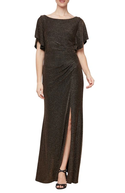 Alex Evenings Shimmer Flutter Sleeve Gown In Black Gold