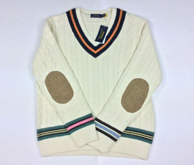 Pre-owned Polo Ralph Lauren Men Preppy Cotton Cashmere Wool Elbow Patch Cable Knit Sweater In White