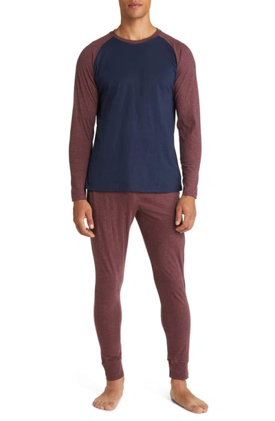Majestic Fireside Colourblock T-shirt & Pyjama Trousers Set In Burgundy/ Navy