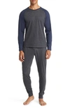 Majestic Fireside Colorblock T-shirt & Pajama Pants Set In Charcoal/ Heather Navy