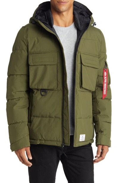 Alpha Industries Water Resistant Hooded Puffer Jacket In Olive