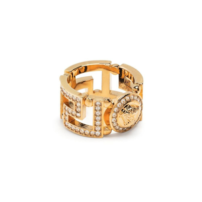Versace Crystal-embellished Medusa Greca Ring In Gold