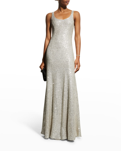 St John Sequin Knit Scoopneck Gown In Cream/silver | ModeSens