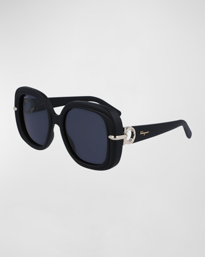 Ferragamo Gancini Hinge Rectangle Injection Plastic Sunglasses In Matte Black