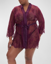 Rya Collection Plus Size Short Embroidered Lace Sheer Robe In Aubergine
