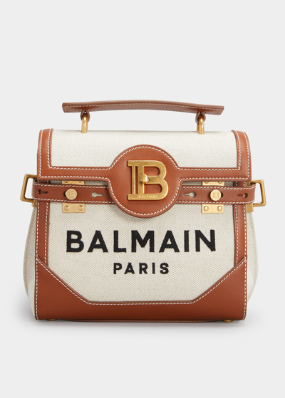 Balmain Bbuzz 22 Top-handle Bag In Canvas And Leather In Brown